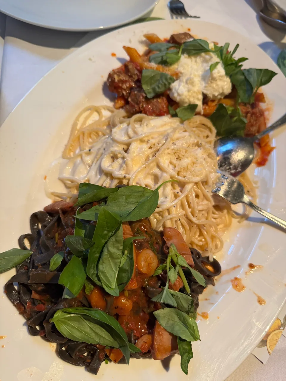 Pasta-Trio mit Basilikum auf großer Servierplatte