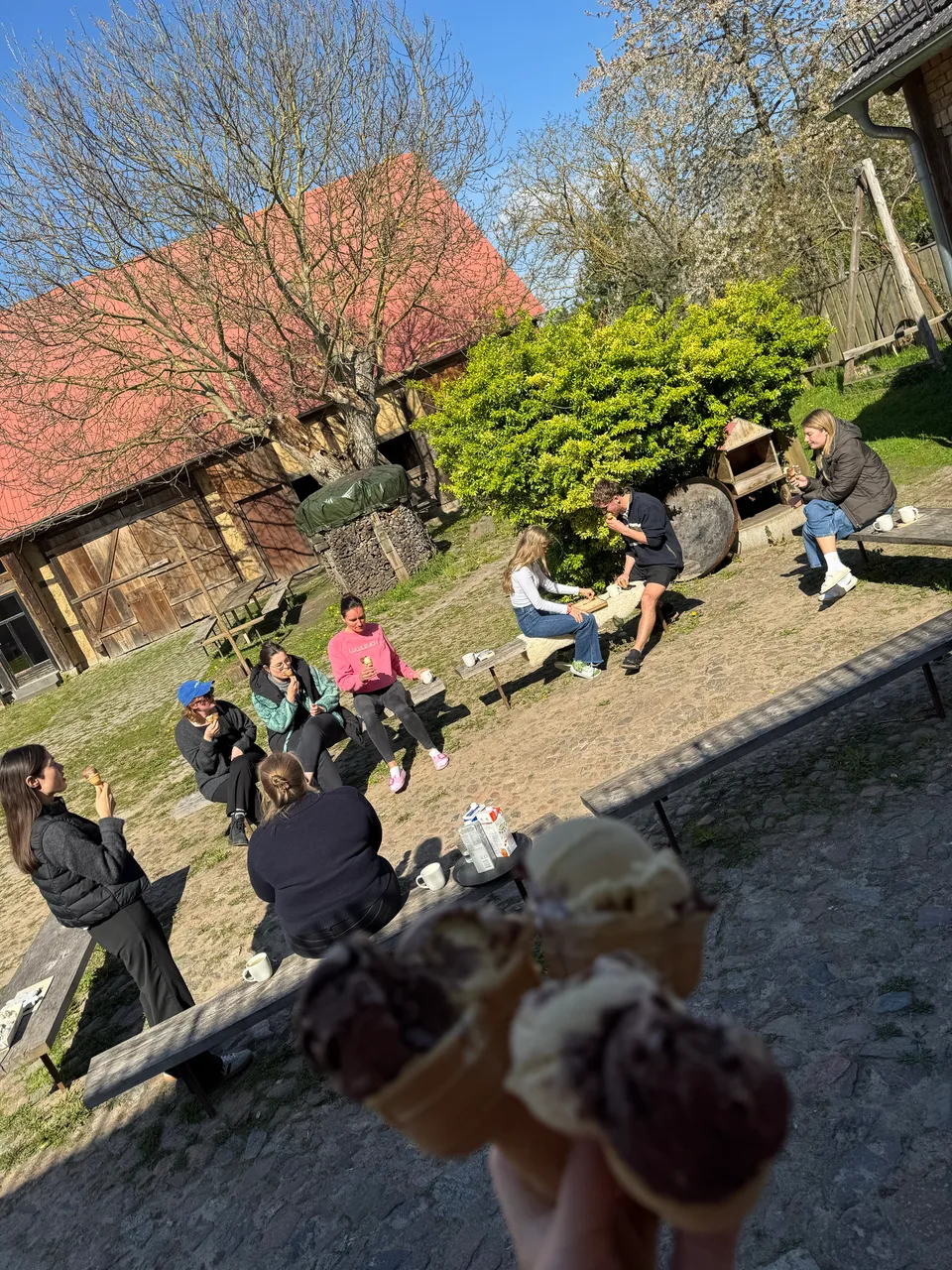 Eiswaffeln in der Hand, Team macht Pause im sonnigen Hof