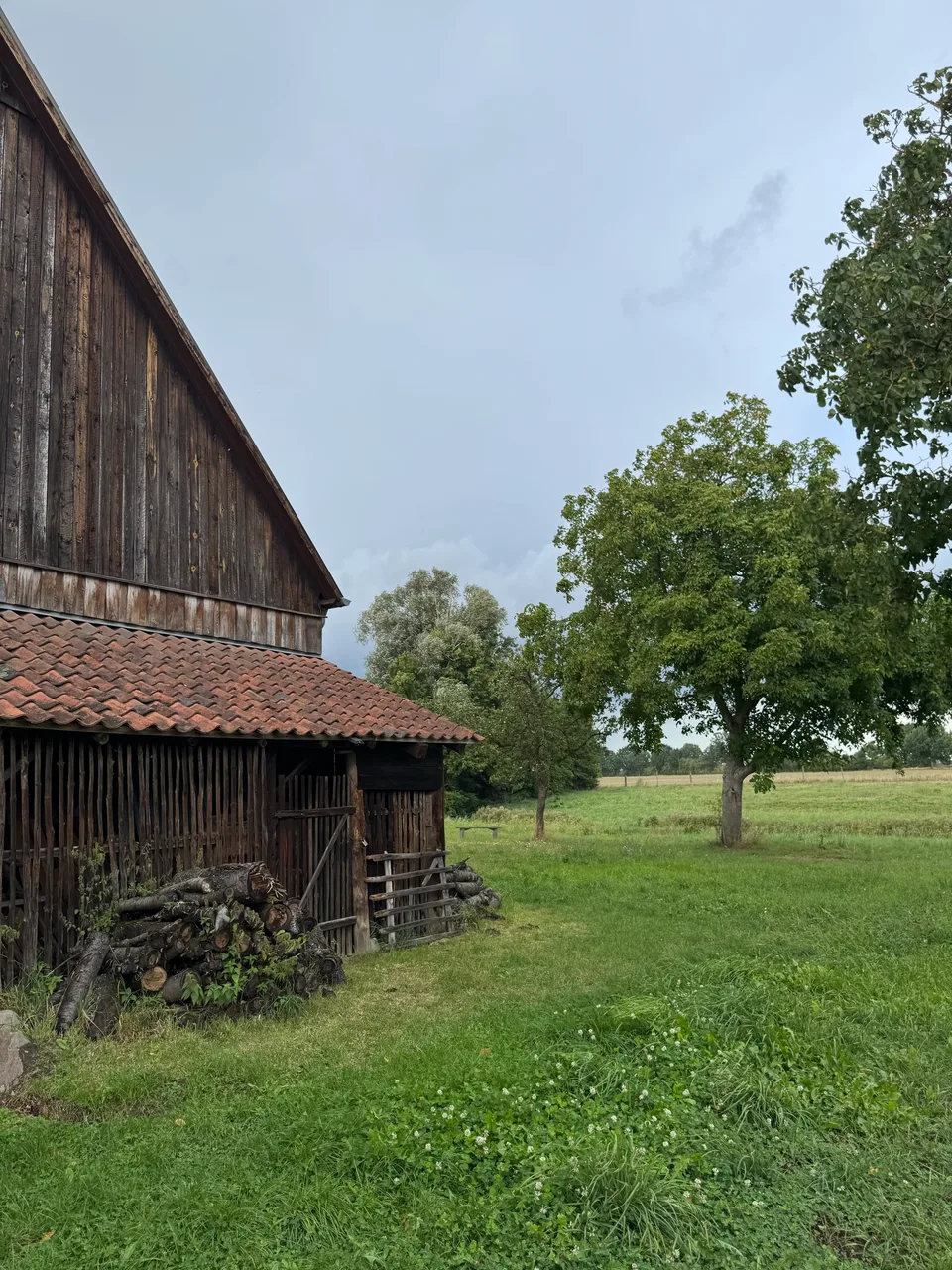 Alte Holzscheune und Wiese auf dem Gelände